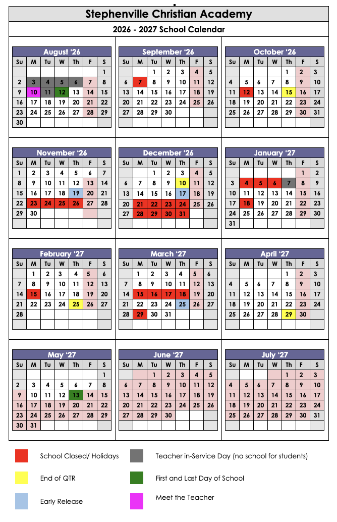 Stephenville Christian Academy 2026–2027 school year calendar showing all months from August 2026 through July 2027 with color-coded holidays, early release days, end of quarter dates, and first and last days of school
